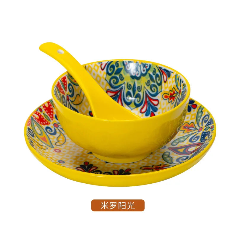 Ceramic Tableware Set Three-Piece Household Rice Bowl Plate Spoon Set Restaurant Hot Pot Barbecue Shop Commercial